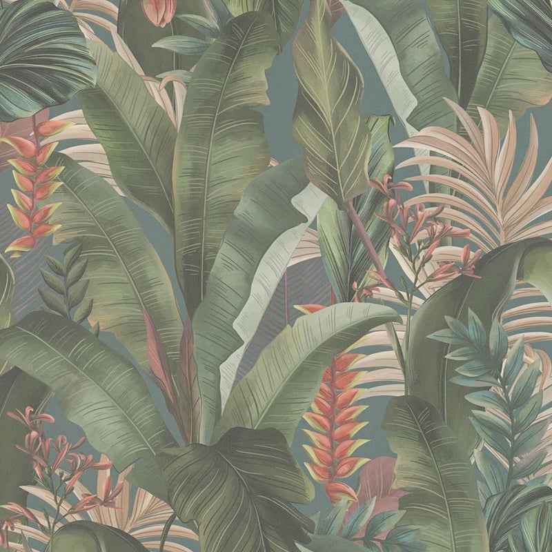 Tapeta tropikalne liście niebieskim,petrol blue,zielonym,beżowymIczerwonym - 53 cm x 10.05 m - LIVINGWALLS