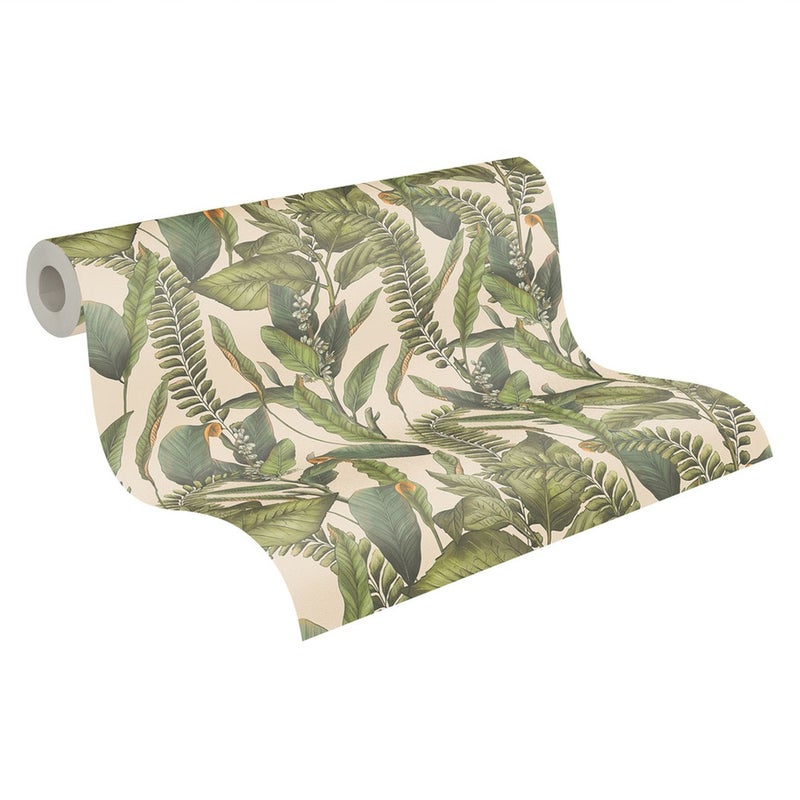 Tapeta tropikalne liście kremowym,zielonymIpomarańczowym - 53 cm x 10.05 m - LIVINGWALLS