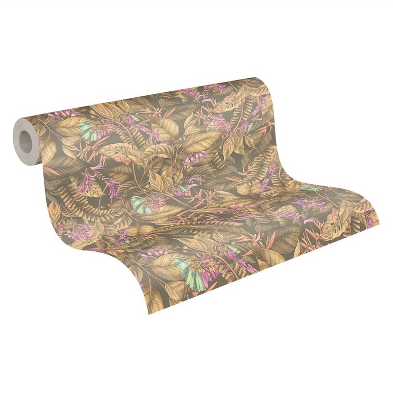 Tapeta tropikalne liście brązowym,beżowymIliliowo fioletowym - 53 cm x 10.05 m - LIVINGWALLS