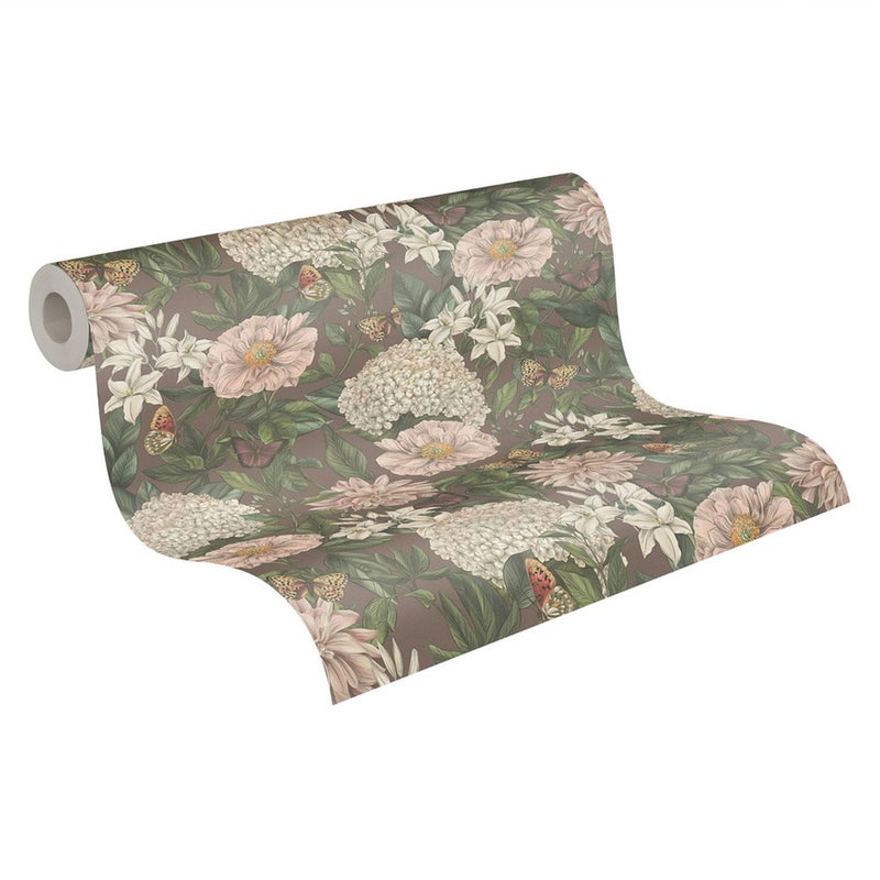 Tapeta kwiaty bordowo-czerwonym,różowym,ciemnej zieleniIżółtym - 53 cm x 10.05 m - LIVINGWALLS