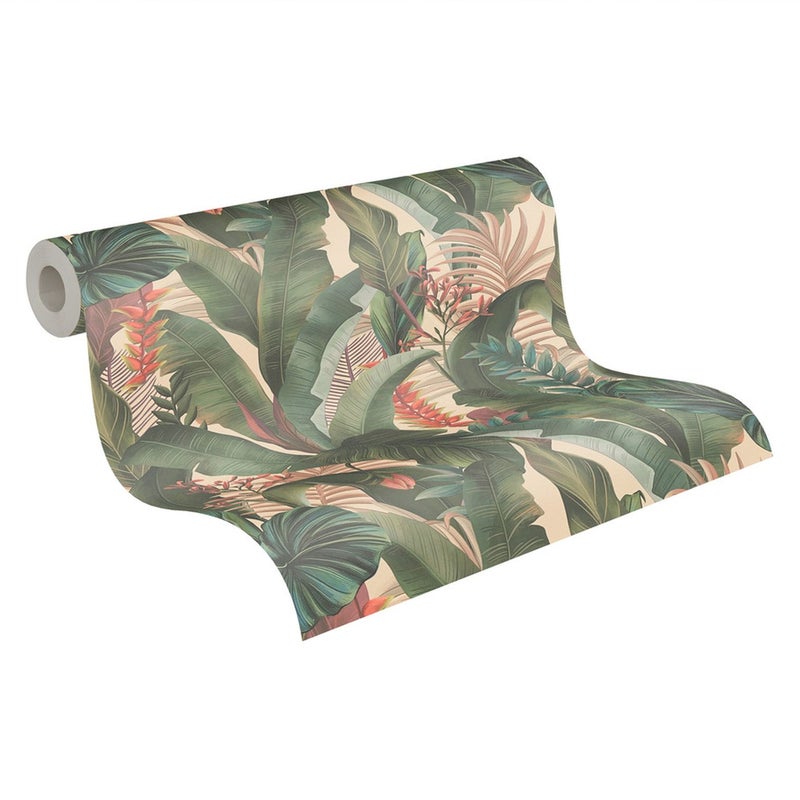 Tapeta tropikalne liście beżowym,zielonym,różowymIczerwonym - 53 cm x 10.05 m - LIVINGWALLS