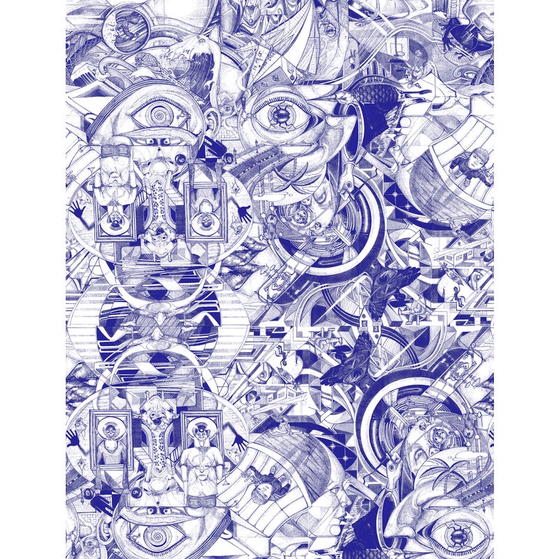 Tapeta surrealistyczny motyw niebieskimIbiałym - 53 cm x 10 m - WALLS4YOU