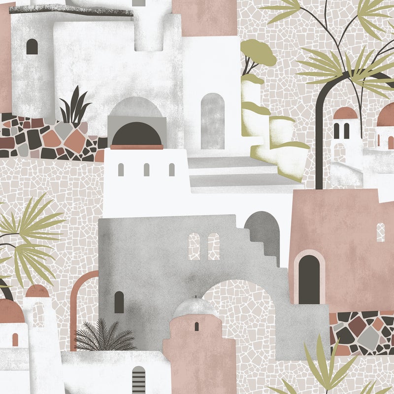 Tapeta Domki śródziemnomorskie starego różu,szarymIbiałym - 53 cm x 10 m - SANDERS & SANDERS