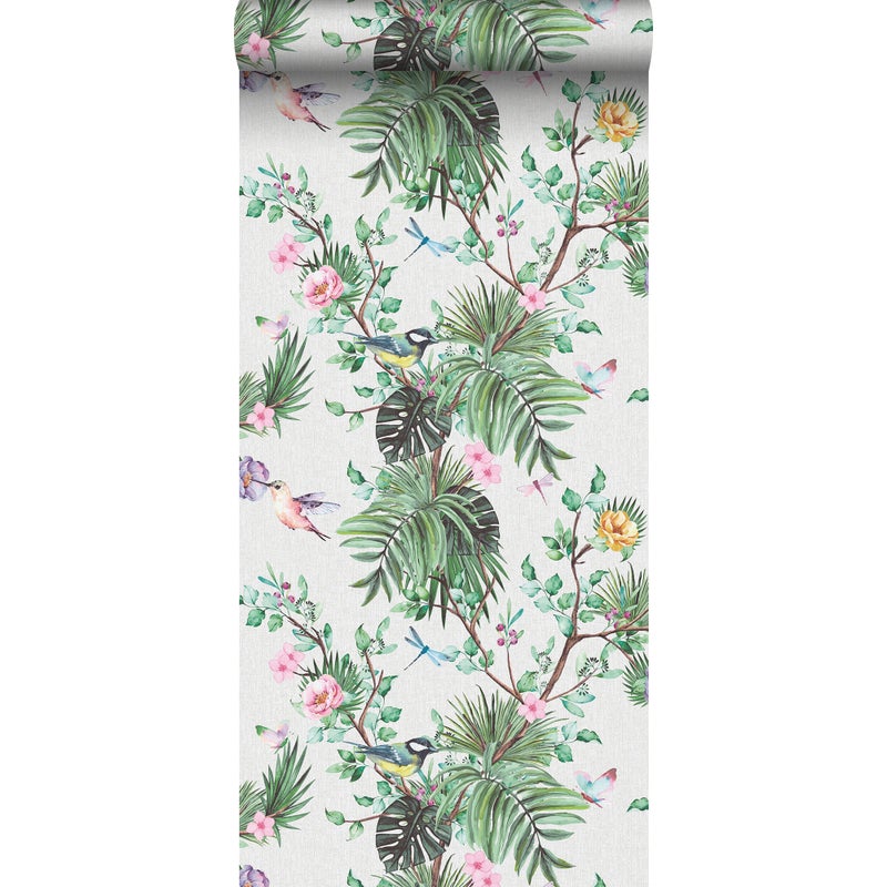 Tapeta tropikalne liście dżungli i rajskie ptaki zielonym - 53 cm x 10 m - SANDERS & SANDERS