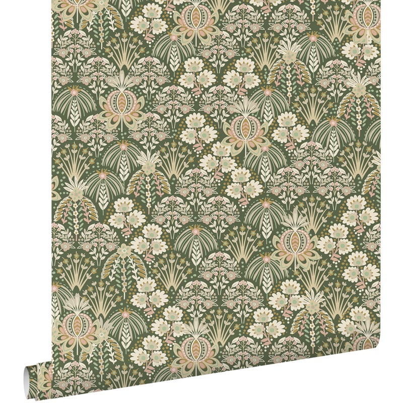 Tapeta vintage kwiaty w stylu secesyjnym ciemnej zieleni - 50 x 900 cm - ESTAHOME