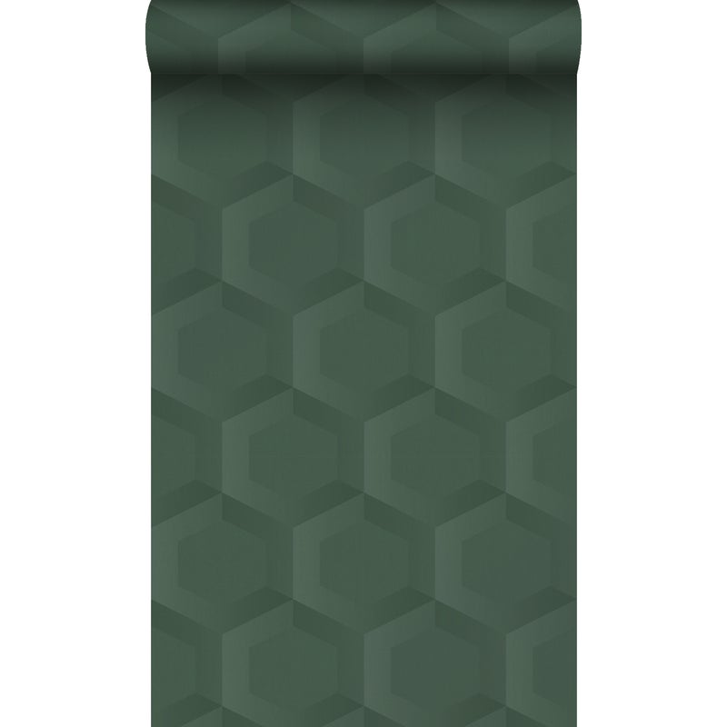 Tapeta flizelinowa z ekoteksturą Motyw sześciokąta 3D ciemnej zieleni - 53 cm x 10.05 m - ORIGIN