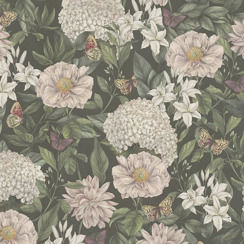 Tapeta kwiaty czarnym,ciemnej zieleni,białym,różowymIżółtym - 53 cm x 10.05 m - LIVINGWALLS