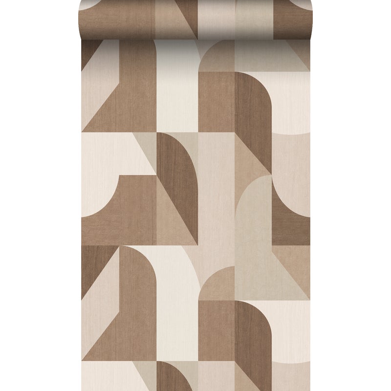 Tapeta flizelinowa z ekoteksturą koła w stylu Bauhaus brązowymIbeżowym - 50 x 900 cm - ORIGIN