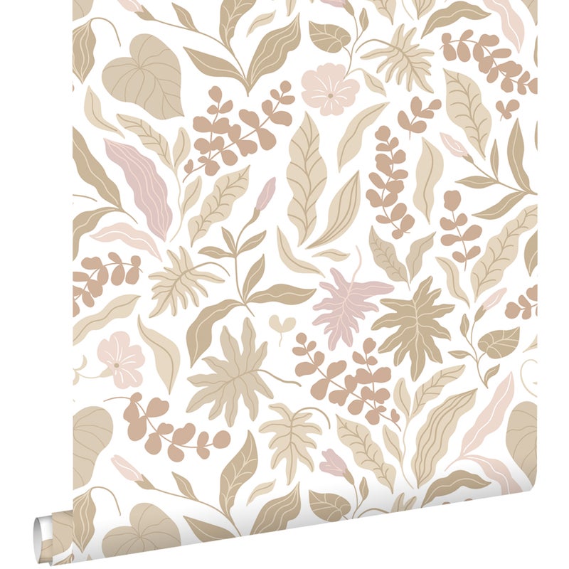 Tapeta liście i kwiaty beżowymIróżowym - 50 x 900 cm - ESTAHOME