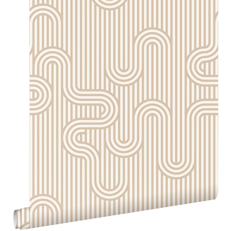 Tapeta linie graficzne ciepły beżIbiałym - 50 x 900 cm - ESTAHOME