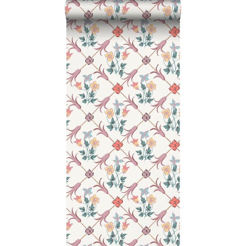 Tapeta kwiaty wielokolorowym na białym tle - 53 cm x 10.05 m - BORASTAPETER