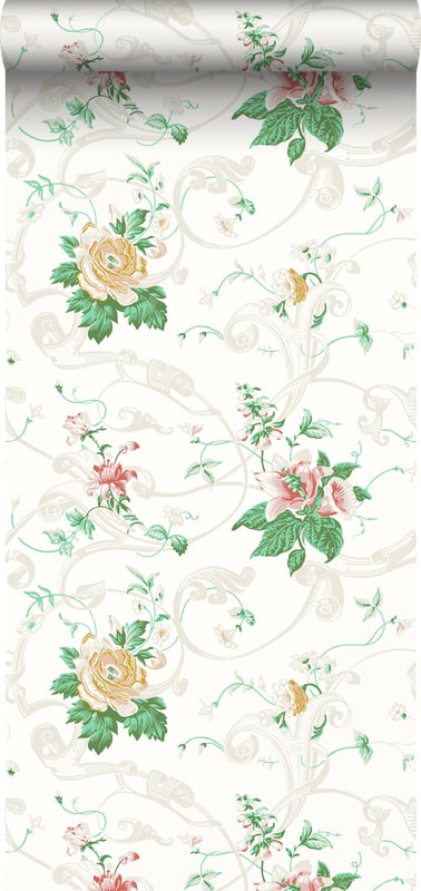 Tapeta kwiaty wielokolorowym na białym tle - 53 cm x 10.05 m - BORASTAPETER