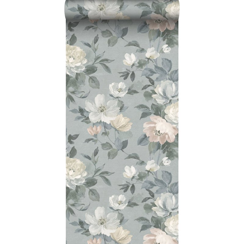 Tapeta kwiaty szaro-niebieskim - 53 cm x 10.05 m - BORASTAPETER