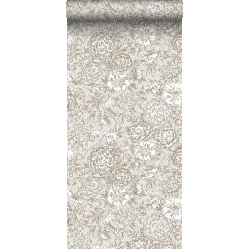 Tapeta kwiaty i ptaki beżowym - 53 cm x 10.05 m - BORASTAPETER