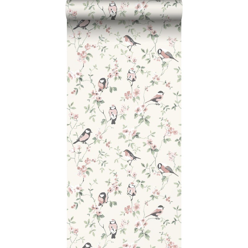 Tapeta kwiaty i ptaki beżowym - 53 cm x 10.05 m - BORASTAPETER