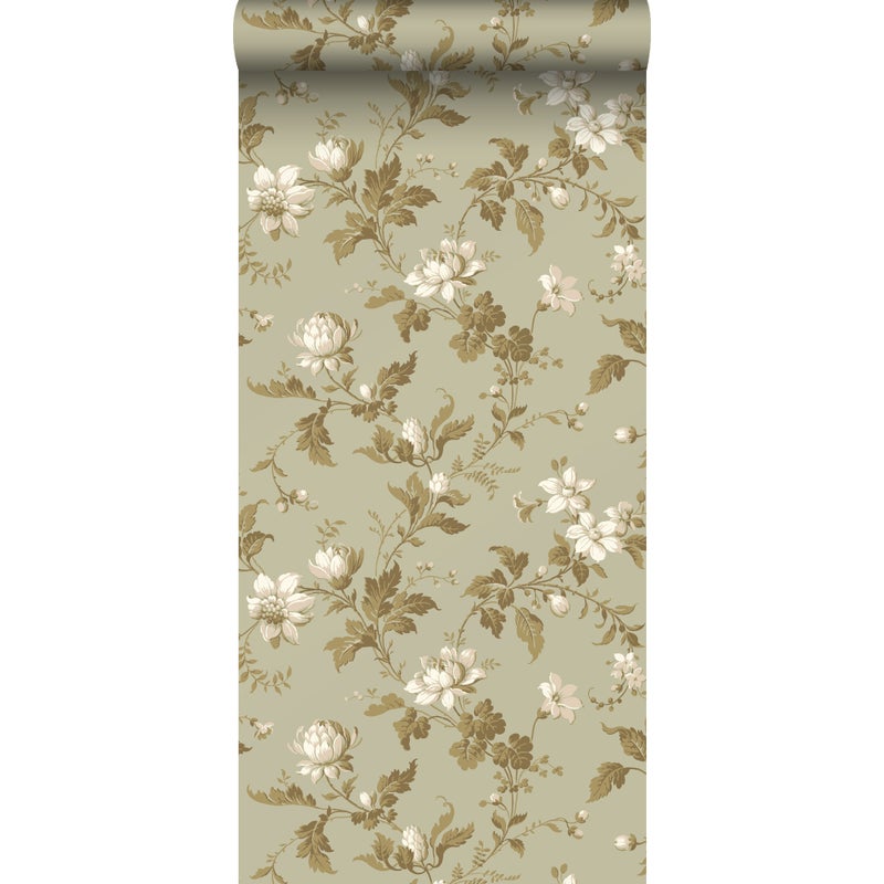 Tapeta zabytkowe kwiaty szaro-oliwkowym - 53 cm x 10.05 m - BORASTAPETER