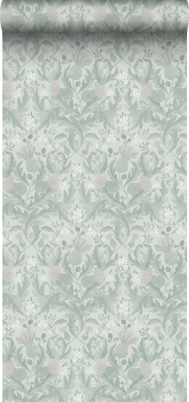 Tapeta vintage kwiaty w stylu secesyjnym zielonym - 53 cm x 10.05 m - BORASTAPETER
