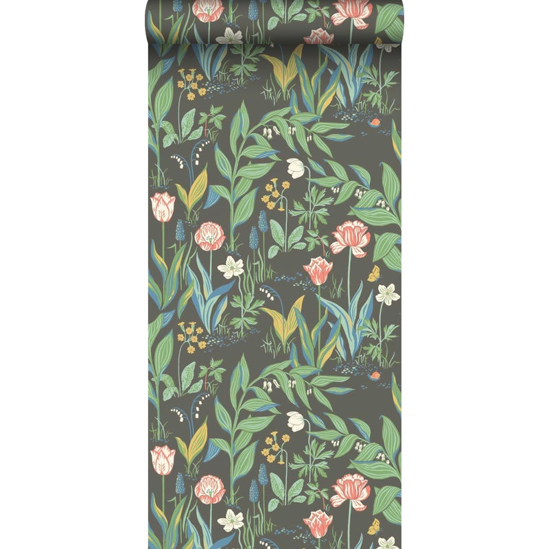 Tapeta kwiaty czarnymIzielonym - 53 cm x 10.05 m - BORASTAPETER