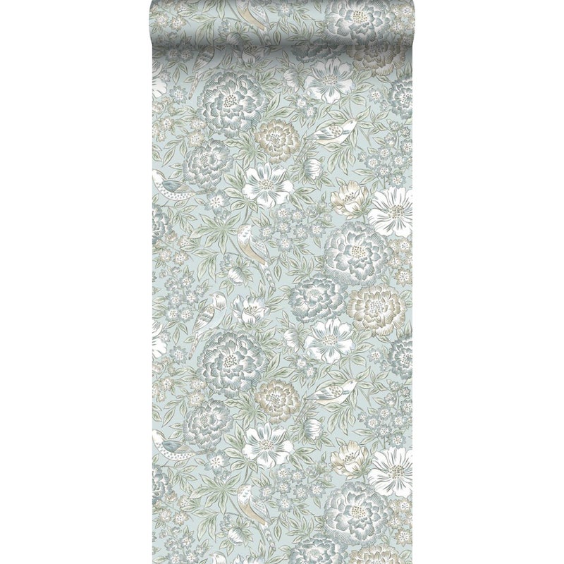 Tapeta kwiaty i ptaki szaro-niebieskim - 53 cm x 10.05 m - BORASTAPETER