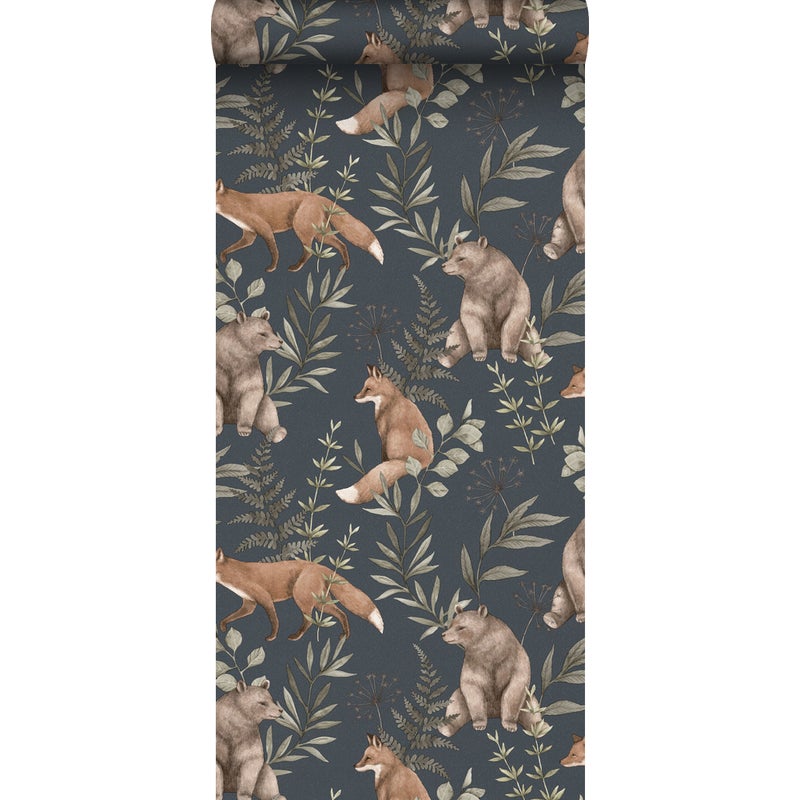 Tapeta las ze zwierzętami leśnymi ciemnoniebieskimIbrązowym - 53 cm x 10.05 m - BORASTAPETER