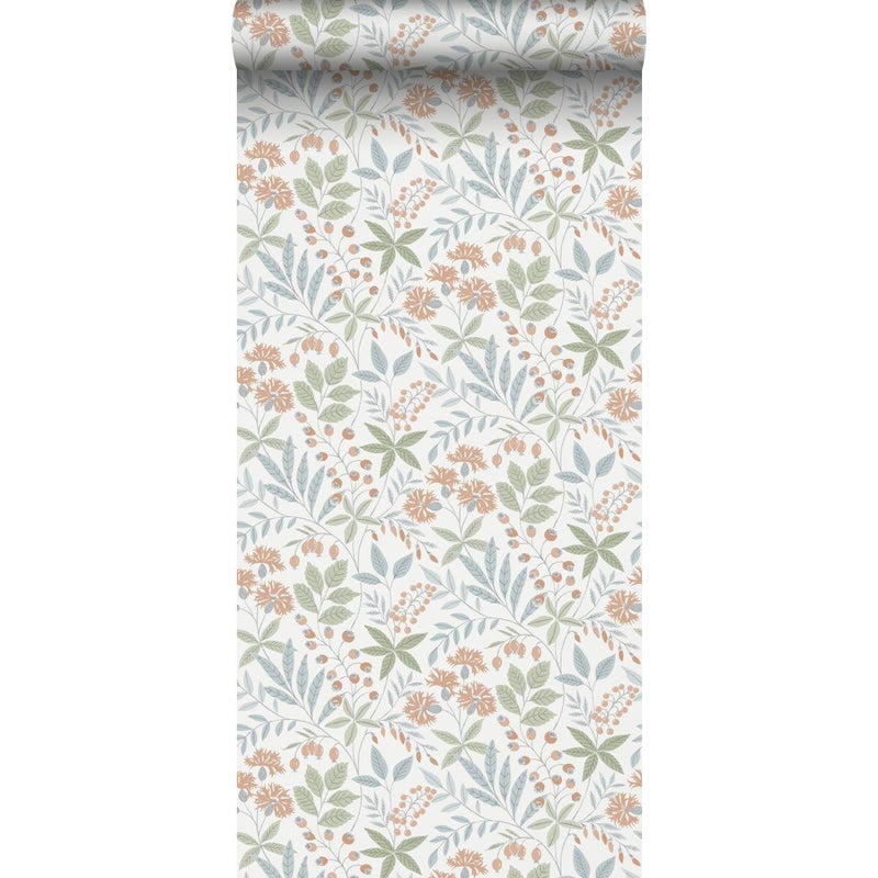 Tapeta kwiaty białym,zielonymIniebieskim - 53 cm x 11.2 m - BORASTAPETER