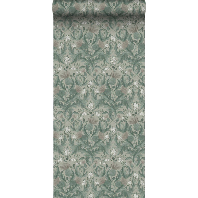 Tapeta vintage kwiaty w stylu secesyjnym szaro zielonym - 53 cm x 10.05 m - BORASTAPETER
