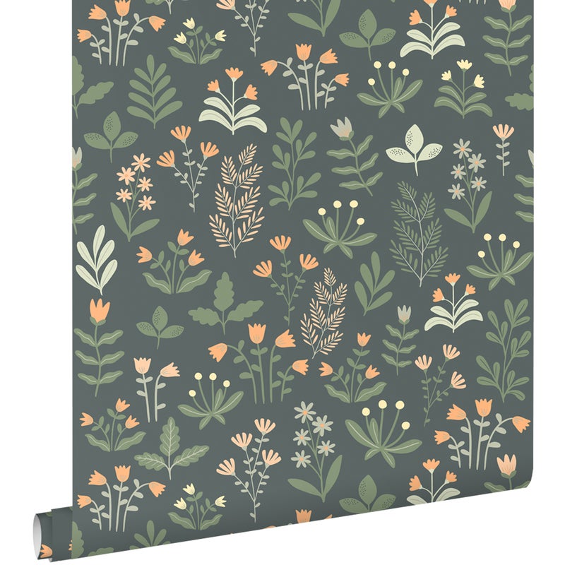 Tapeta kwiaty polne szaro zielonymIpomarańczowym - 50 x 900 cm - ESTAHOME