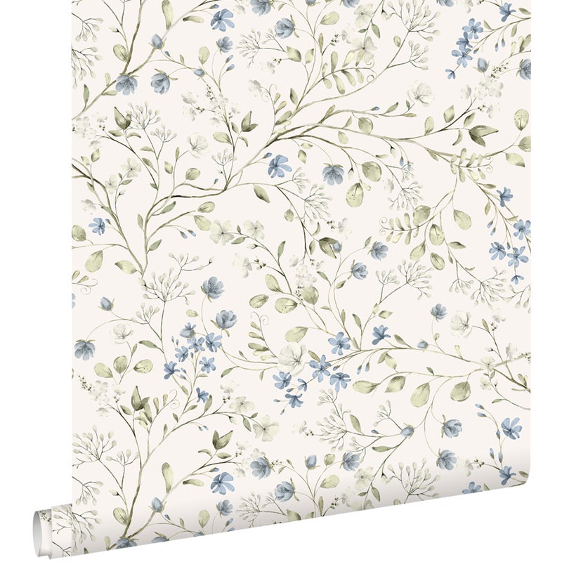 Tapeta kwiaty szaro zielonym,niebieskimIbiałym - 50 x 900 cm - ESTAHOME