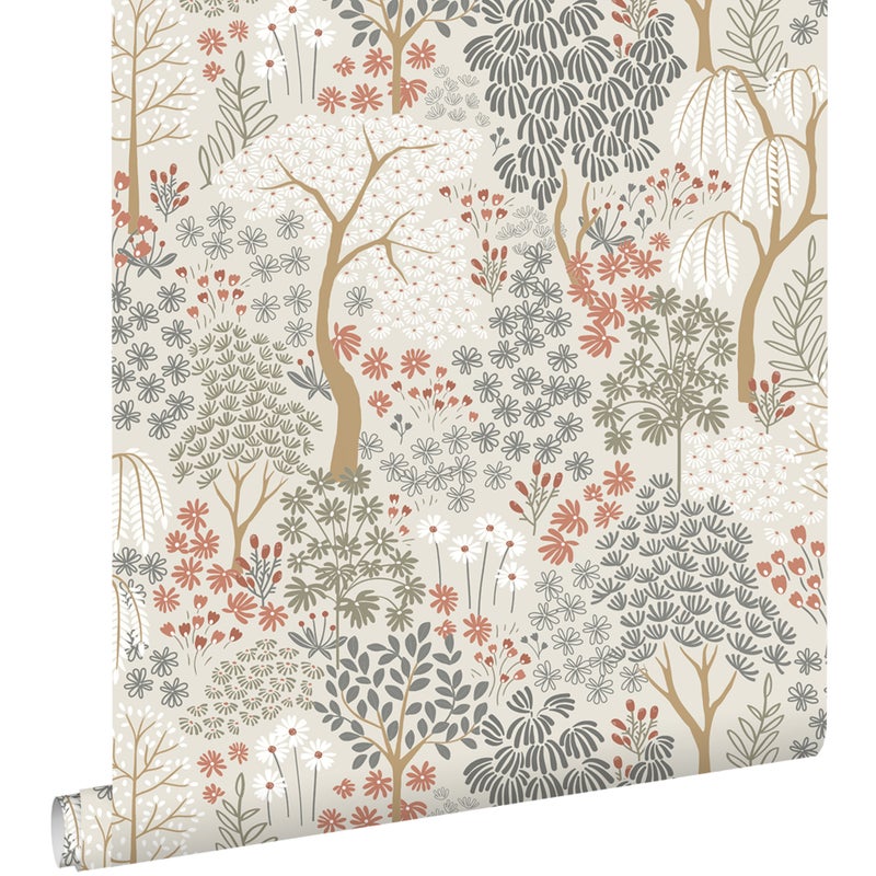 Tapeta drzewa i kwiaty szaro zielonymIterakota - 50 x 900 cm - ESTAHOME