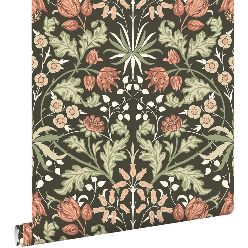 Tapeta vintage kwiaty w stylu secesyjnym ciemnej zieleniIterakota - 50 x 900 cm - ESTAHOME