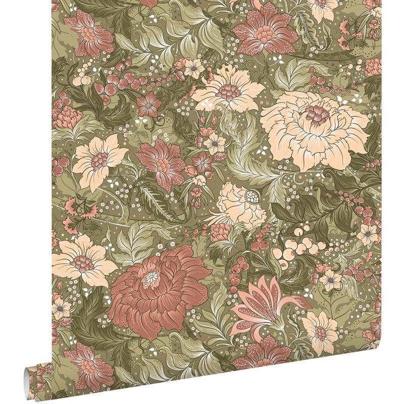 Tapeta zabytkowe kwiaty zielonymIstarego różu - 50 x 900 cm - ESTAHOME