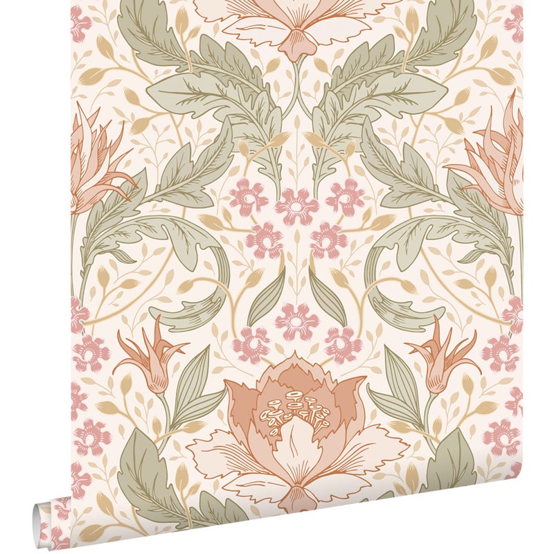 Tapeta vintage kwiaty w stylu secesyjnym beżowym,różowymIzielonym - 50 x 900 cm - ESTAHOME