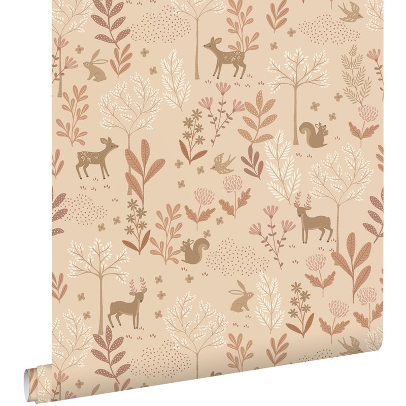 Tapeta las ze zwierzętami leśnymi jasnej terakoty - 53 cm x 10.05 m - ESTAHOME