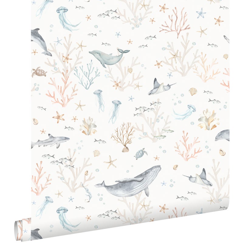 Tapeta podwodny świat beżowymIszaro-niebieskim - 50 x 900 cm - ESTAHOME