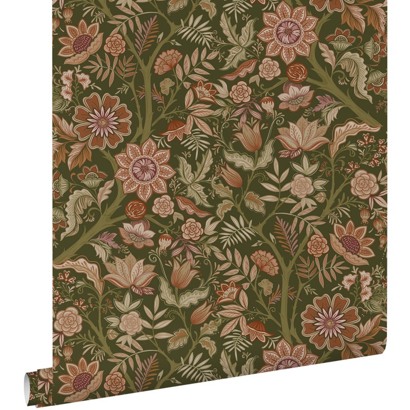 Tapeta zabytkowe kwiaty ciemnej zieleniIterakota brązowy - 53 cm x 10.05 m - ESTAHOME