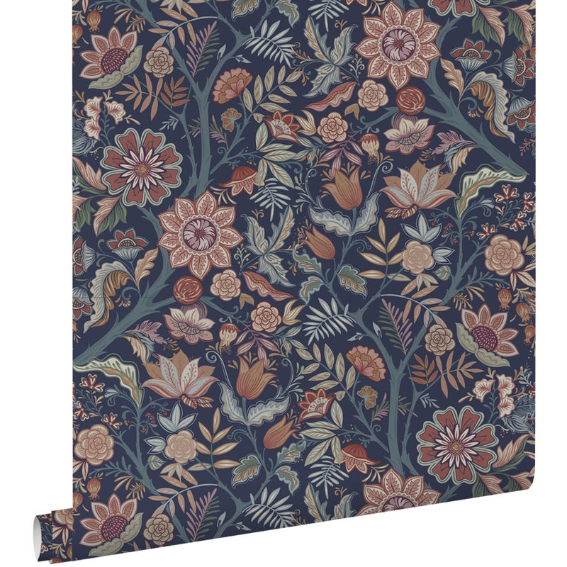 Tapeta zabytkowe kwiaty ciemnoniebieskimIterakota brązowy - 53 cm x 10.05 m - ESTAHOME