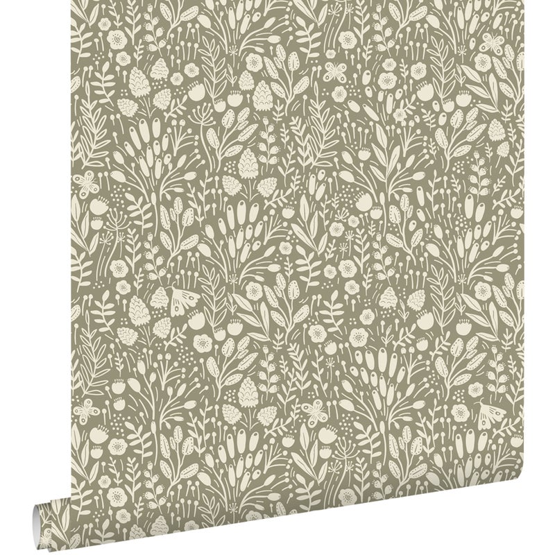 Tapeta kwiaty jasnej oliwkowej zieleni - 50 x 900 cm - ESTAHOME