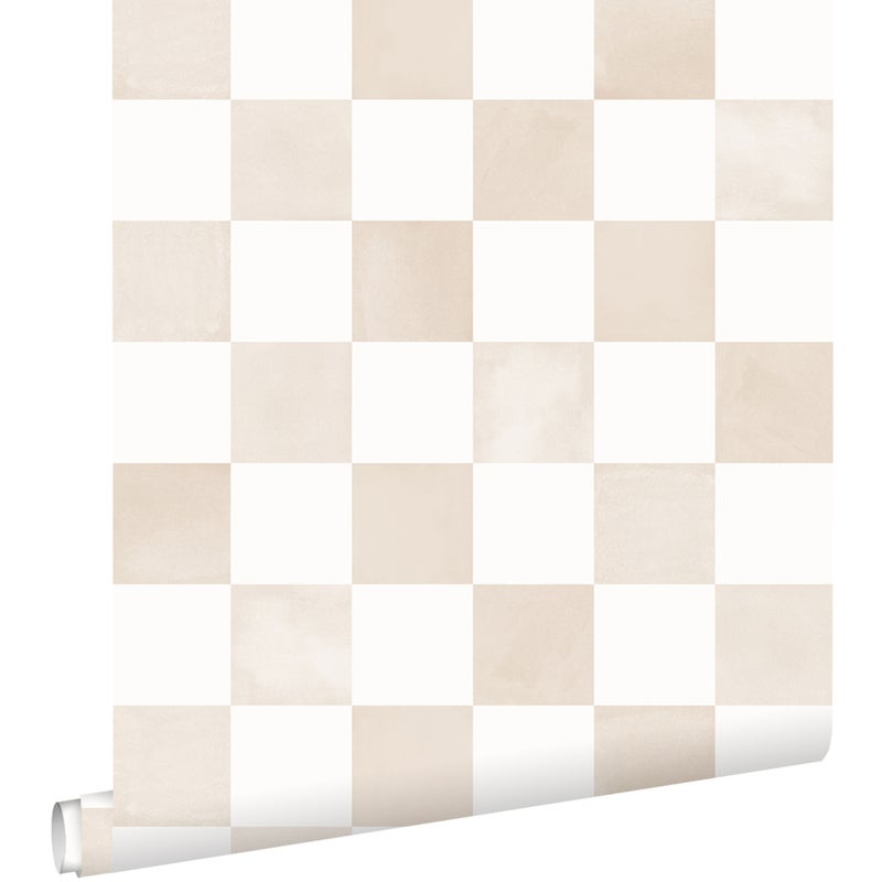 Tapeta motyw kratki beżowymIbiałym - 53 cm x 10.05 m - ESTAHOME