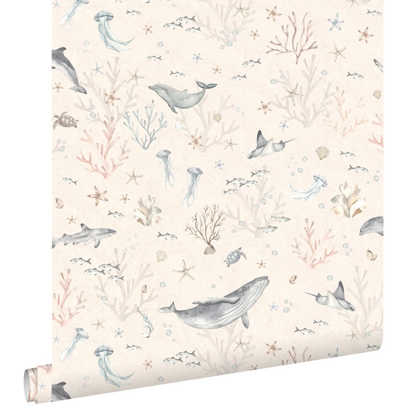 Tapeta podwodny świat jasnego beżuIszaro-niebieskim - 50 x 900 cm - ESTAHOME