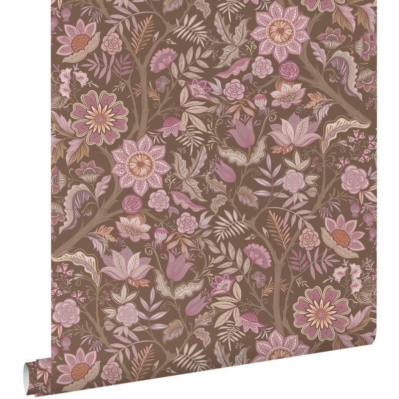 Tapeta zabytkowe kwiaty fioletowego mauveIszaro zielonym - 50 x 900 cm - ESTAHOME