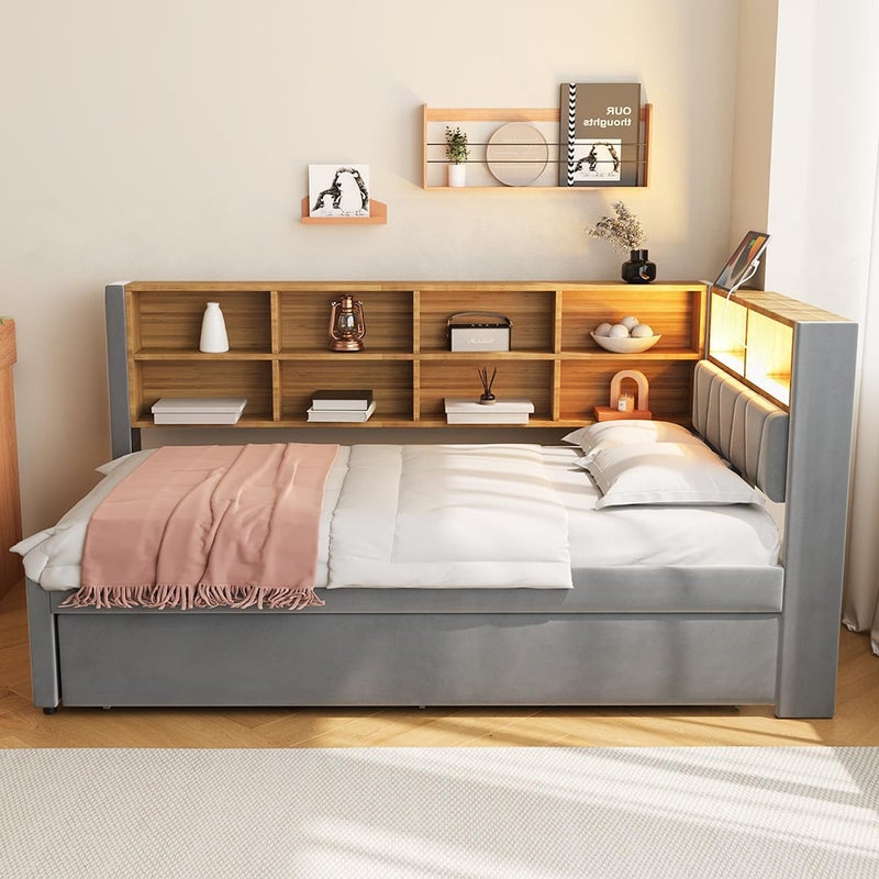 Sofa rozkładana 90*200, łóżko rozkładane 90*190 z oświetleniem LED, gniazdkami elektrycznymi i wieloma schowkami, flanela, ciemnoszary