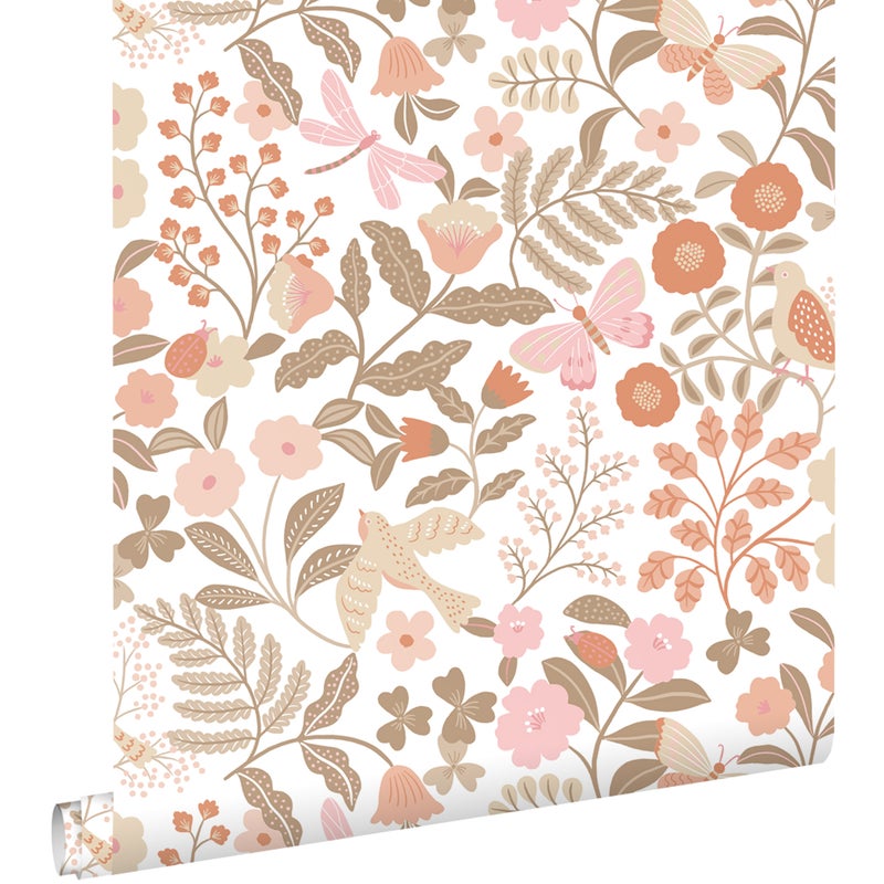 Tapeta kwiaty i ptaki terakota,taupeIróżowym - 53 cm x 10.05 m - ESTAHOME