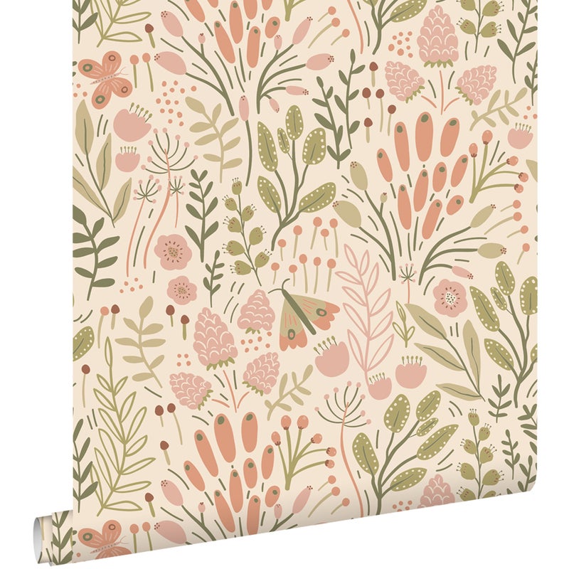 Tapeta liście i kwiaty oliwkowymIterakota - 50 x 900 cm - ESTAHOME