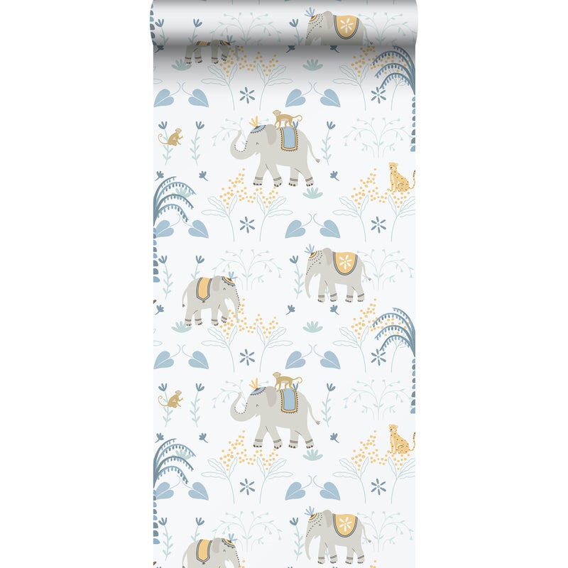 Tapeta słonie niebieskim,szarymIbiałym - 53 cm x 10.05 m - SANDERS & SANDERS