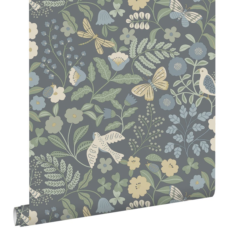 Tapeta kwiaty i ptaki niebieskimIzielonym - 50 x 900 cm - ESTAHOME