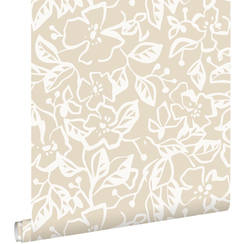 Tapeta liście i kwiaty jasnego beżu - 50 x 900 cm - ESTAHOME