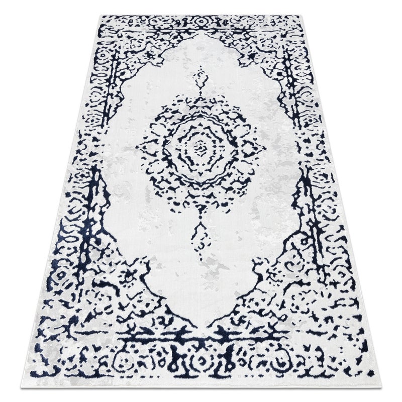 Dywan ALLURE 1961 Ornament, ramka - Strukturalny, stylowy, glamour biały / niebieski 80x150 cm