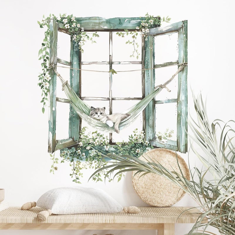 Naklejki ścienne z motywem zielonych roślin, 27 x 60 cm, 2 sztuki. Zabawna naklejka ścienna z kotem i hamakiem. Dekoracja sypialni.