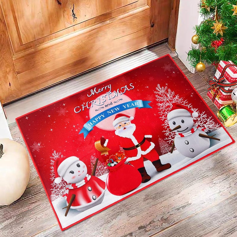 czerwona wycieraczka (80*120 cm) Wesołych Świąt, antypoślizgowa wycieraczka z bałwanem Mikołajem, odpowiednia do dekoracji wewnątrz i na zewnątrz