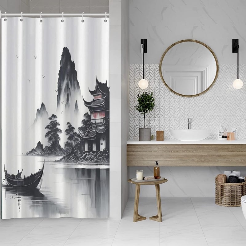 Zasłona prysznicowa 90x180 cm z motywem azjatyckiego atramentu, styl japoński, mgiełka, łódź górska, gęś, zasłona prysznicowa na zewnątrz, natura